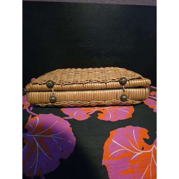 Vintage woven wicker briefcase style purse faux bamboo handle medium - Picture 6 of 11